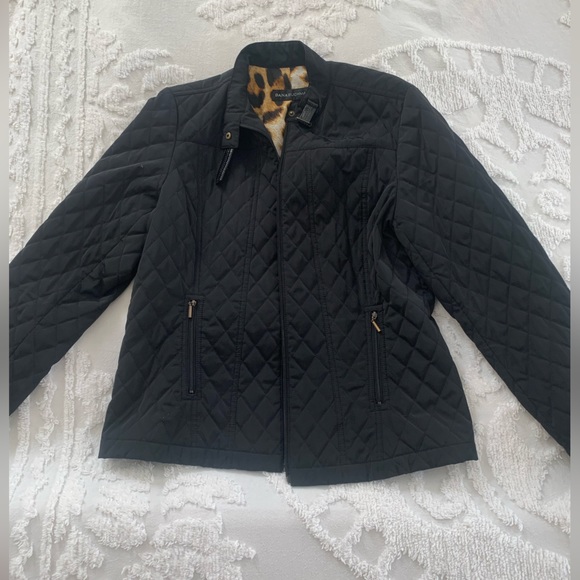 Dana Buchman Jackets & Coats Dana Buchman Quilted Black Jacket Leopard Print Lining Standing